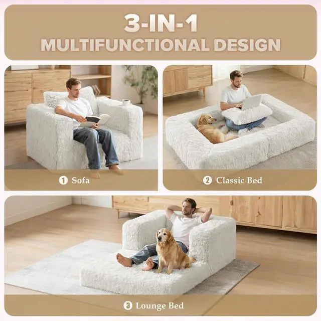 Alt view image 4 of 7 - Convertible Sofa Bed, 3-in-1 Futon Sofa Bed with Pillow, Foldable Pull Out Floor Sofa Bed with Removable Cover, Plush Boneless Couch for Living Room/Bedroom/Dorm