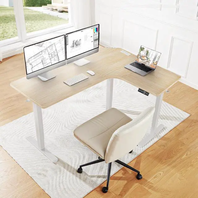 Alt view image 2 of 7 - 63 L-Shaped Standing Desk, Built-in Power Outlets, Electric Height Adjustable Corner Computer Desk, Large Power Strip Holder, Sit Stand Up Desk with 3 Preset Heights, Natural Wood