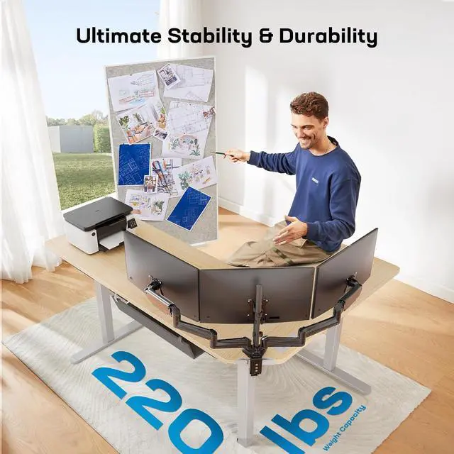 Alt view image 4 of 7 - 63 L-Shaped Standing Desk, Built-in Power Outlets, Electric Height Adjustable Corner Computer Desk, Large Power Strip Holder, Sit Stand Up Desk with 3 Preset Heights, Natural Wood
