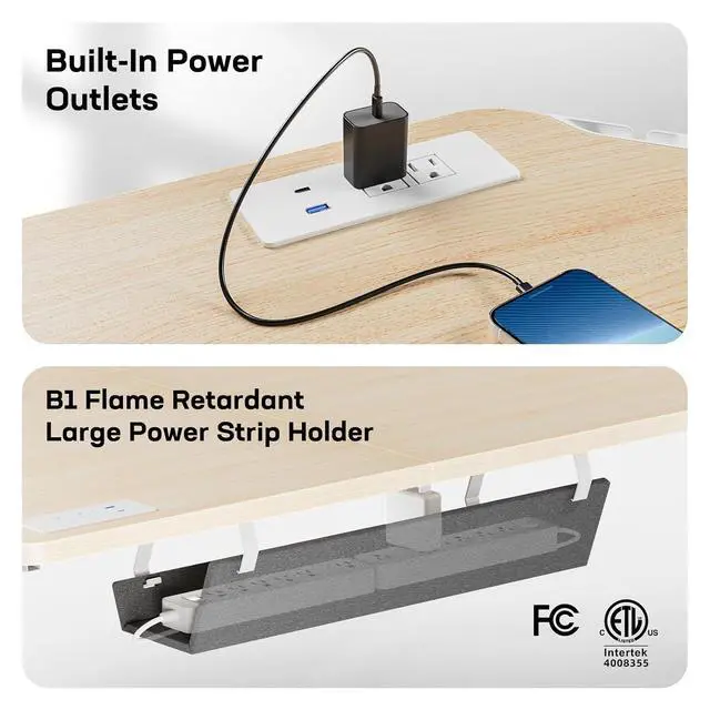 Alt view image 5 of 7 - 63 L-Shaped Standing Desk, Built-in Power Outlets, Electric Height Adjustable Corner Computer Desk, Large Power Strip Holder, Sit Stand Up Desk with 3 Preset Heights, Natural Wood