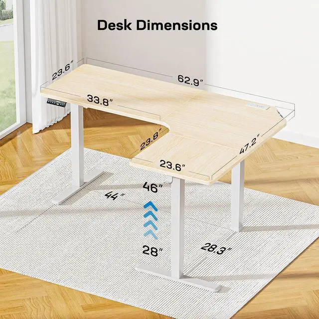 Alt view image 3 of 7 - 63 L-Shaped Standing Desk, Built-in Power Outlets, Electric Height Adjustable Corner Computer Desk, Large Power Strip Holder, Sit Stand Up Desk with 3 Preset Heights, Natural Wood