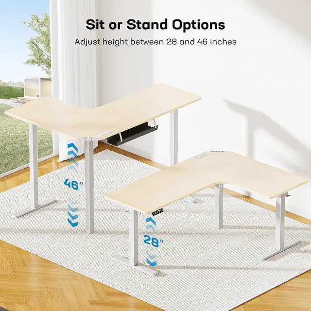 Alt view image 7 of 7 - 63 L-Shaped Standing Desk, Built-in Power Outlets, Electric Height Adjustable Corner Computer Desk, Large Power Strip Holder, Sit Stand Up Desk with 3 Preset Heights, Natural Wood