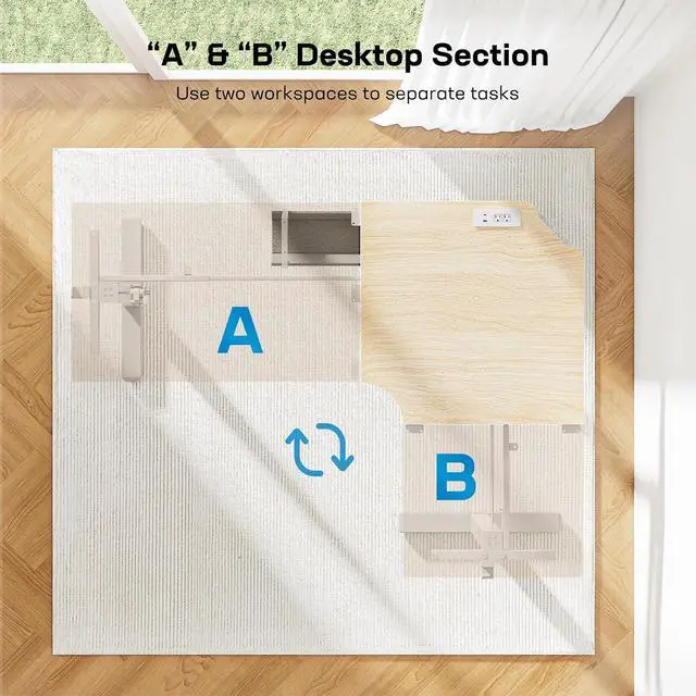 Alt view image 6 of 7 - 63 L-Shaped Standing Desk, Built-in Power Outlets, Electric Height Adjustable Corner Computer Desk, Large Power Strip Holder, Sit Stand Up Desk with 3 Preset Heights, Natural Wood