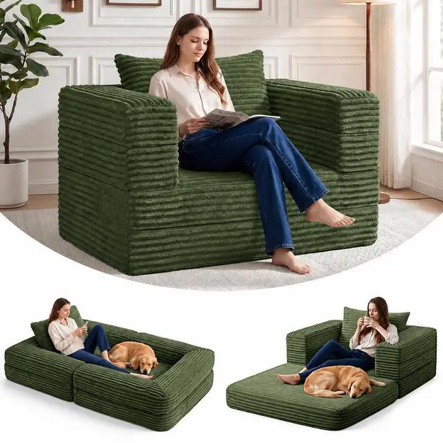 Main image of Futon Sofa Bed,3-in-1 Convertible Sofa Bed with Pillow,Folding Sofa Bed with Removable Cover,Sleeper Sofa Bed Couch,Boneless Couches for Living Room, Bedroom,Full,Green