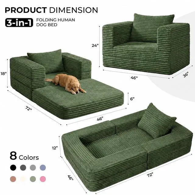 Alt view image 2 of 7 - Futon Sofa Bed,3-in-1 Convertible Sofa Bed with Pillow,Folding Sofa Bed with Removable Cover,Sleeper Sofa Bed Couch,Boneless Couches for Living Room, Bedroom,Full,Green