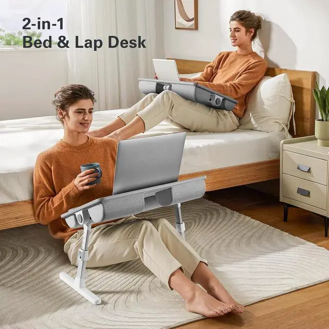 Alt view image 2 of 7 - Laptop Bed Desk, Laptop Tray Computer Lap Desk for Bed Couch Sofa, Bed Tray for Working, Eating, Foldable Lap Stand Table with Height Adjustment & 35° Adjustable Tilt Angle, HNLD19G