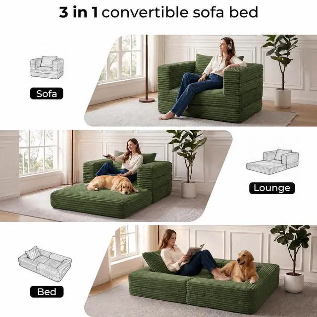 Alt view image 3 of 7 - Futon Sofa Bed,3-in-1 Convertible Sofa Bed with Pillow,Folding Sofa Bed with Removable Cover,Sleeper Sofa Bed Couch,Boneless Couches for Living Room, Bedroom,Full,Green