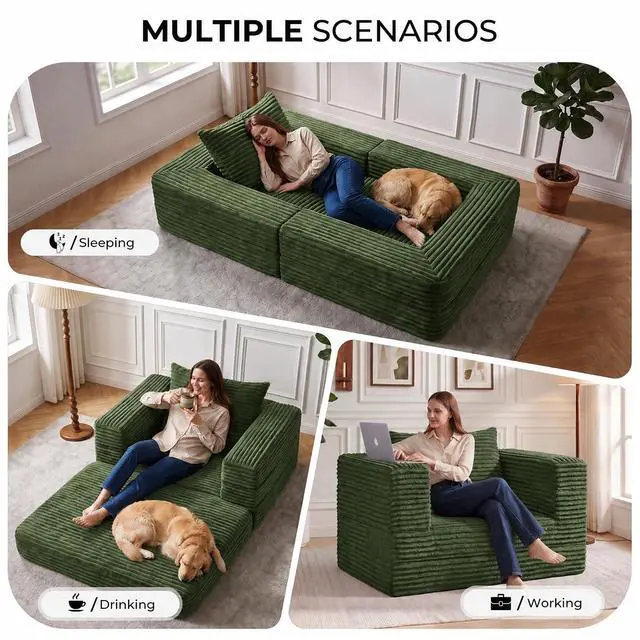 Alt view image 5 of 7 - Futon Sofa Bed,3-in-1 Convertible Sofa Bed with Pillow,Folding Sofa Bed with Removable Cover,Sleeper Sofa Bed Couch,Boneless Couches for Living Room, Bedroom,Full,Green