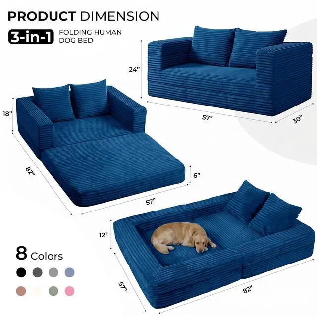 Alt view image 2 of 7 - Futon Sofa Bed,3-in-1 Convertible Sofa Bed with Pillow,Folding Sofa Bed with Removable Cover,Sleeper Sofa Bed Couch,Boneless Couches for Living Room, Bedroom,Queen,Blue
