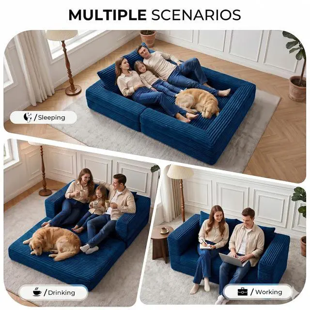 Alt view image 5 of 7 - Futon Sofa Bed,3-in-1 Convertible Sofa Bed with Pillow,Folding Sofa Bed with Removable Cover,Sleeper Sofa Bed Couch,Boneless Couches for Living Room, Bedroom,Queen,Blue