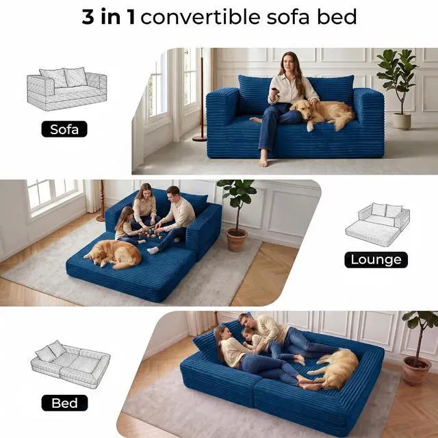 Alt view image 3 of 7 - Futon Sofa Bed,3-in-1 Convertible Sofa Bed with Pillow,Folding Sofa Bed with Removable Cover,Sleeper Sofa Bed Couch,Boneless Couches for Living Room, Bedroom,Queen,Blue
