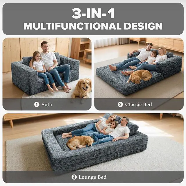Alt view image 4 of 7 - Convertible Sofa Bed, 3-in-1 Futon Sofa Bed with Pillow, Foldable Pull Out Floor Sofa Bed with Removable Cover, Plush Boneless Couch for Living Room/Bedroom/Dorm