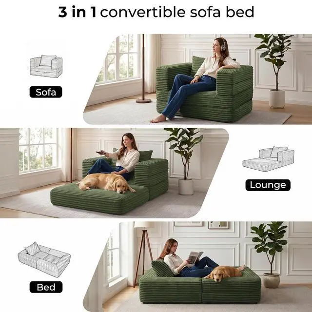 Alt view image 3 of 7 - Futon Sofa Bed,3-in-1 Convertible Sofa Bed with Pillow,Folding Sofa Bed with Removable Cover,Sleeper Sofa Bed Couch,Boneless Couches for Living Room, Bedroom,Twin,Green
