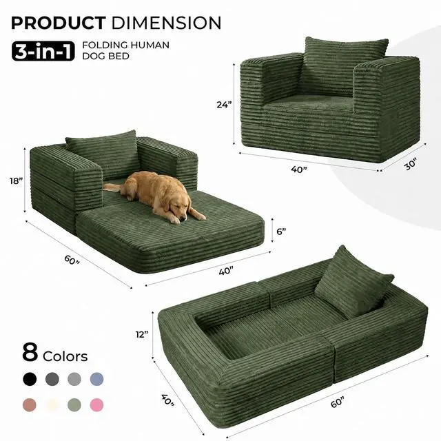 Alt view image 2 of 7 - Futon Sofa Bed,3-in-1 Convertible Sofa Bed with Pillow,Folding Sofa Bed with Removable Cover,Sleeper Sofa Bed Couch,Boneless Couches for Living Room, Bedroom,Twin,Green