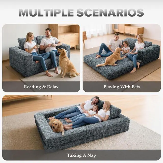Alt view image 3 of 7 - Convertible Sofa Bed, 3-in-1 Futon Sofa Bed with Pillow, Foldable Pull Out Floor Sofa Bed with Removable Cover, Plush Boneless Couch for Living Room/Bedroom/Dorm