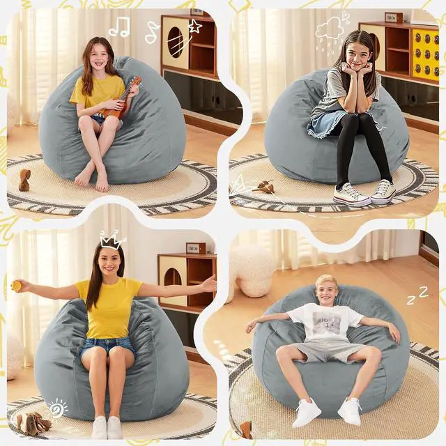 Alt view image 6 of 7 - 2FT Bean Bag Chair, 2' Beanbags Small Bean Bag Chairs with Filling, Teardrop Bean Bag Chair Luxurious Velvet Ultra Soft Fur with Removable Cover(Light Grey)