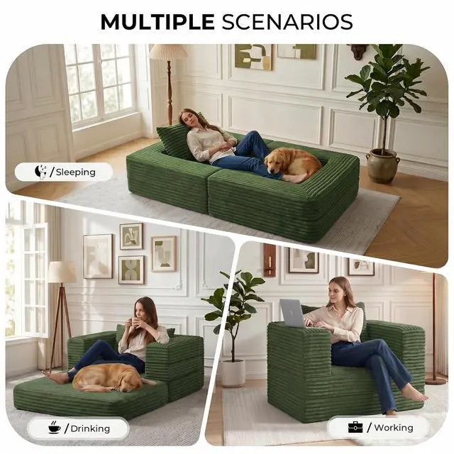 Alt view image 5 of 7 - Futon Sofa Bed,3-in-1 Convertible Sofa Bed with Pillow,Folding Sofa Bed with Removable Cover,Sleeper Sofa Bed Couch,Boneless Couches for Living Room, Bedroom,Twin,Green