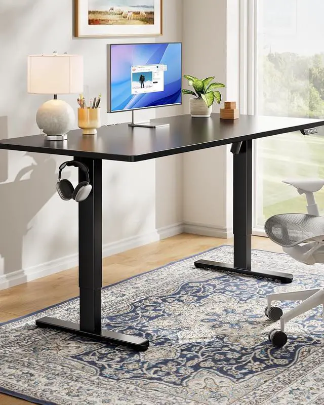 Alt view image 2 of 7 - Electric Standing Desk, Whole Piece Desktop, Adjustable Height Computer Desk, 4 Height Memory Settings, Sit Stand Up Desk for Home Office, 55" x 27", Black