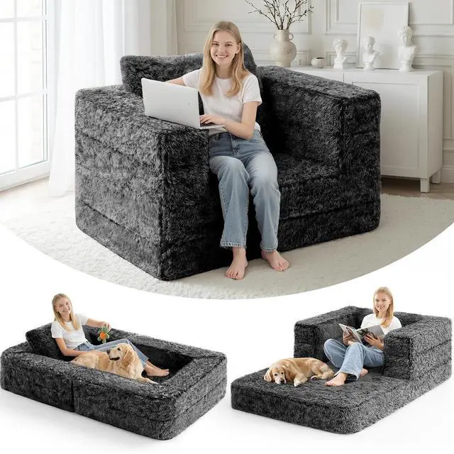 Main image of Convertible Sofa Bed, 3-in-1 Futon Sofa Bed with Pillow, Foldable Pull Out Floor Sofa Bed with Removable Cover, Plush Boneless Couch for Living Room/Bedroom/Dorm
