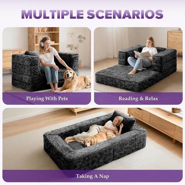 Alt view image 3 of 7 - Convertible Sofa Bed, 3-in-1 Futon Sofa Bed with Pillow, Foldable Pull Out Floor Sofa Bed with Removable Cover, Plush Boneless Couch for Living Room/Bedroom/Dorm