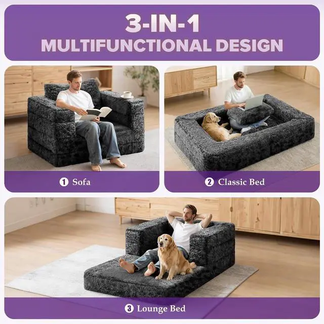 Alt view image 4 of 7 - Convertible Sofa Bed, 3-in-1 Futon Sofa Bed with Pillow, Foldable Pull Out Floor Sofa Bed with Removable Cover, Plush Boneless Couch for Living Room/Bedroom/Dorm