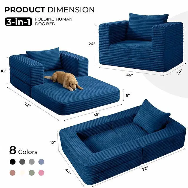 Alt view image 2 of 7 - Futon Sofa Bed,3-in-1 Convertible Sofa Bed with Pillow,Folding Sofa Bed with Removable Cover,Sleeper Sofa Bed Couch,Boneless Couches for Living Room, Bedroom,Full,Blue