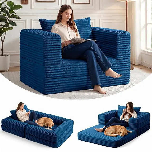 Main image of Futon Sofa Bed,3-in-1 Convertible Sofa Bed with Pillow,Folding Sofa Bed with Removable Cover,Sleeper Sofa Bed Couch,Boneless Couches for Living Room, Bedroom,Full,Blue