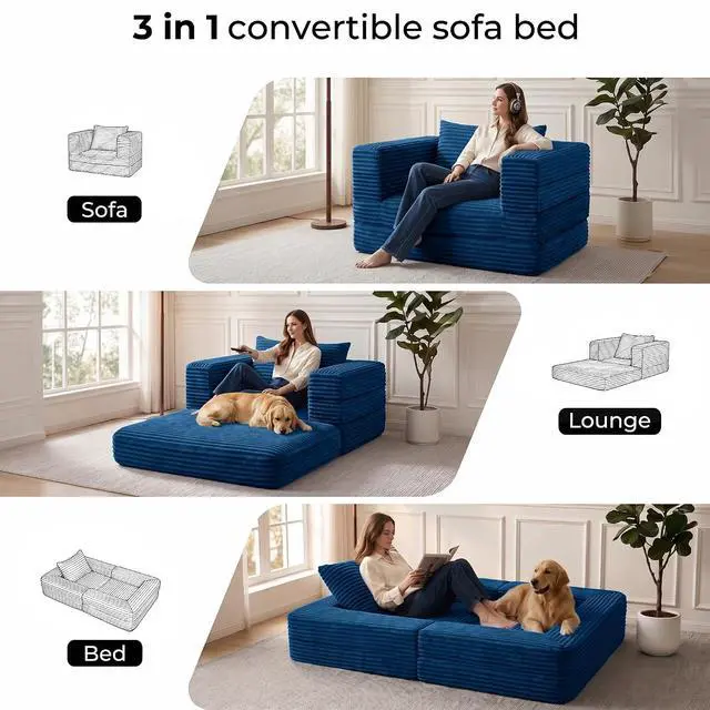 Alt view image 3 of 7 - Futon Sofa Bed,3-in-1 Convertible Sofa Bed with Pillow,Folding Sofa Bed with Removable Cover,Sleeper Sofa Bed Couch,Boneless Couches for Living Room, Bedroom,Full,Blue