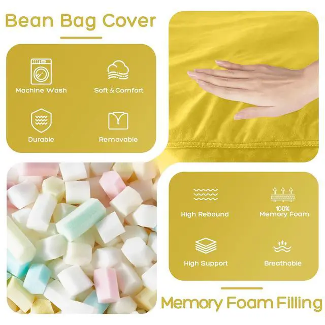Alt view image 5 of 7 - Bean Bag Chair: Giant 4' Memory Foam Furniture Bean Bag Chairs for Adults with Microfiber Cover 4FtLemon