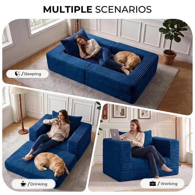 Alt view image 4 of 7 - Futon Sofa Bed,3-in-1 Convertible Sofa Bed with Pillow,Folding Sofa Bed with Removable Cover,Sleeper Sofa Bed Couch,Boneless Couches for Living Room, Bedroom,Full,Blue