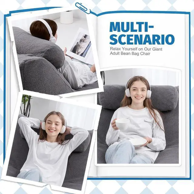 Alt view image 5 of 7 - Giant Bean Bag Lounger for Adults, Large Bean Bag Chair with Ottoman & Storage Pocket, Removable Cover Included, Memory Foam Filled Bean Bag Sofa for Living Room or Bedroom Grey