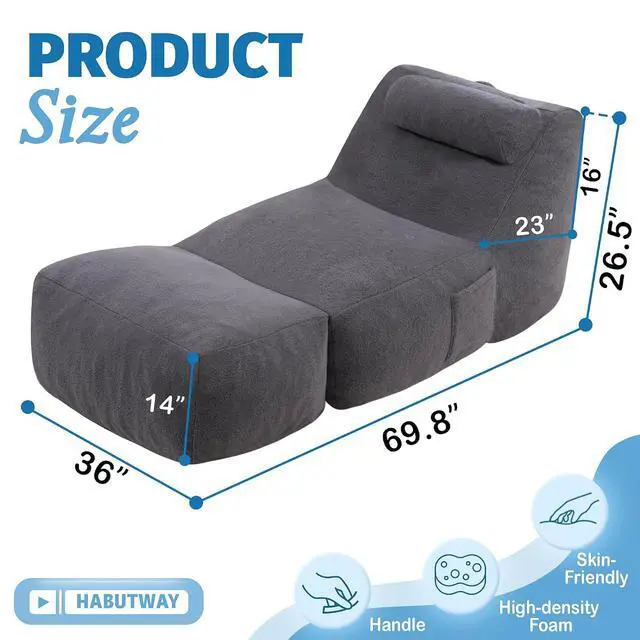 Alt view image 2 of 7 - Giant Bean Bag Lounger for Adults, Large Bean Bag Chair with Ottoman & Storage Pocket, Removable Cover Included, Memory Foam Filled Bean Bag Sofa for Living Room or Bedroom Grey
