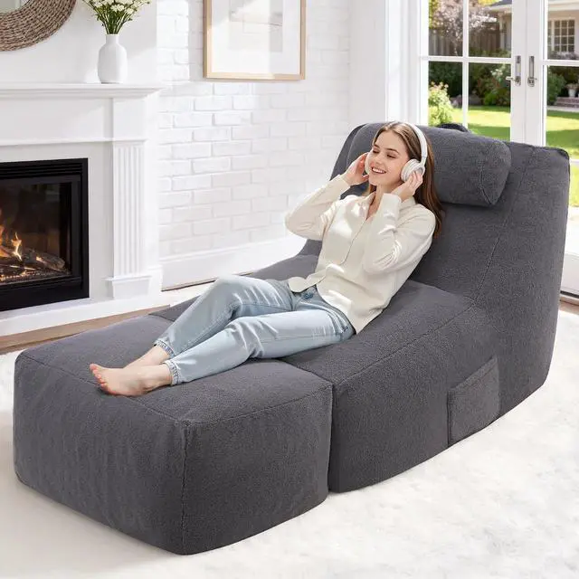 Main image of Giant Bean Bag Lounger for Adults, Large Bean Bag Chair with Ottoman & Storage Pocket, Removable Cover Included, Memory Foam Filled Bean Bag Sofa for Living Room or Bedroom Grey