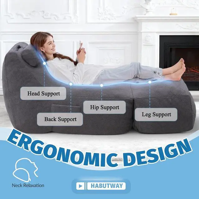 Alt view image 6 of 7 - Giant Bean Bag Lounger for Adults, Large Bean Bag Chair with Ottoman & Storage Pocket, Removable Cover Included, Memory Foam Filled Bean Bag Sofa for Living Room or Bedroom Grey