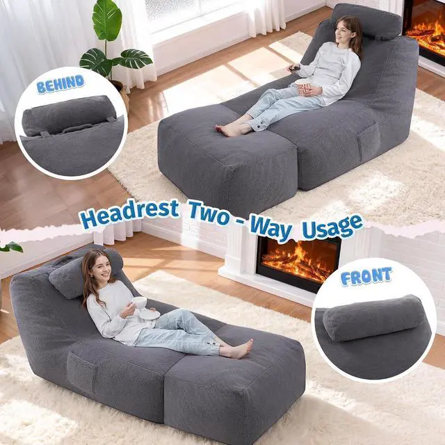 Alt view image 4 of 7 - Giant Bean Bag Lounger for Adults, Large Bean Bag Chair with Ottoman & Storage Pocket, Removable Cover Included, Memory Foam Filled Bean Bag Sofa for Living Room or Bedroom Grey