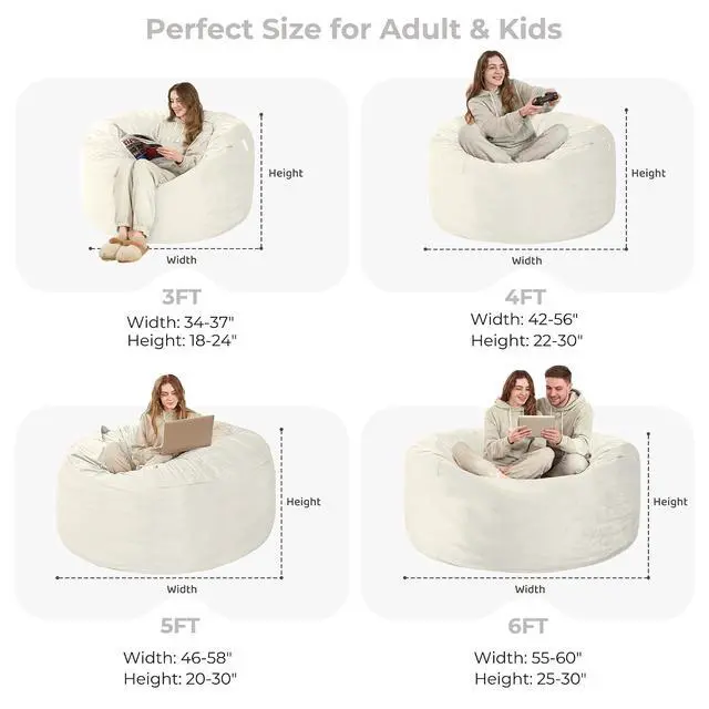 Alt view image 3 of 7 - Bean Bag Chair: Giant 5' Memory Foam Furniture Bean Bag Chairs for Adults with Microfiber Cover 5Ft (Beige)