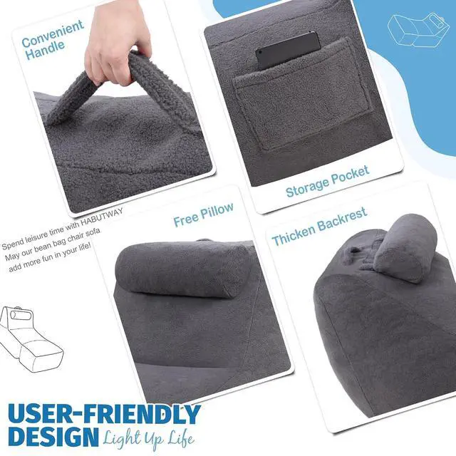Alt view image 7 of 7 - Giant Bean Bag Lounger for Adults, Large Bean Bag Chair with Ottoman & Storage Pocket, Removable Cover Included, Memory Foam Filled Bean Bag Sofa for Living Room or Bedroom Grey