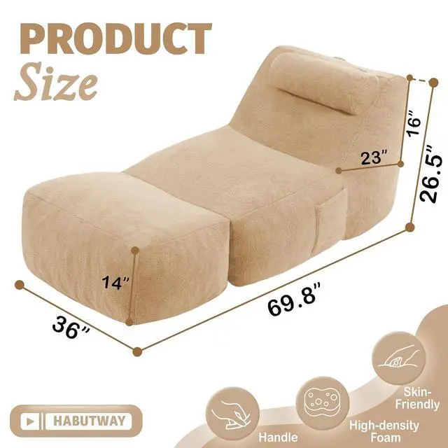 Alt view image 2 of 7 - Giant Bean Bag Lounger for Adults, Large Bean Bag Chair with Ottoman & Storage Pocket, Removable Cover Included, Memory Foam Filled Bean Bag Sofa for Living Room or Bedroom Khaki