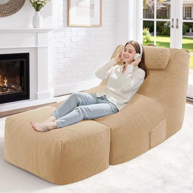 Main image of Giant Bean Bag Lounger for Adults, Large Bean Bag Chair with Ottoman & Storage Pocket, Removable Cover Included, Memory Foam Filled Bean Bag Sofa for Living Room or Bedroom Khaki