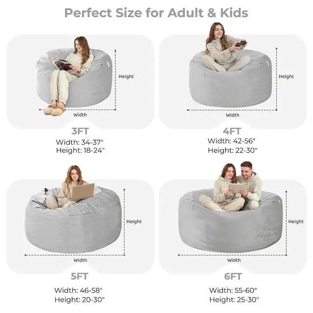 Alt view image 3 of 7 - Bean Bag Chair: Giant 4' Memory Foam Furniture Bean Bag Chairs for Adults with Microfiber Cover 4Ft (Light Grey)
