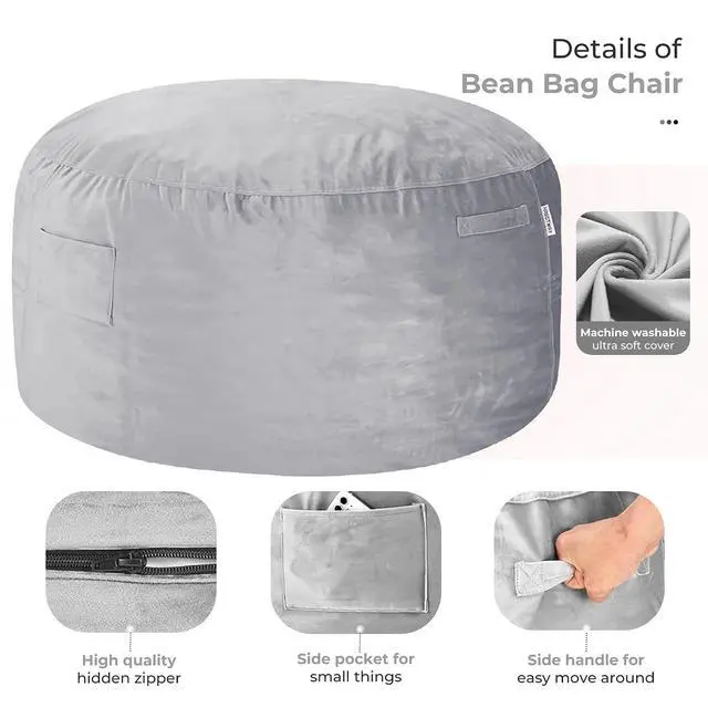 Alt view image 6 of 7 - Bean Bag Chair: Giant 4' Memory Foam Furniture Bean Bag Chairs for Adults with Microfiber Cover 4Ft (Light Grey)