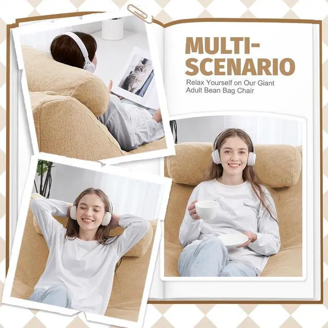 Alt view image 5 of 7 - Giant Bean Bag Lounger for Adults, Large Bean Bag Chair with Ottoman & Storage Pocket, Removable Cover Included, Memory Foam Filled Bean Bag Sofa for Living Room or Bedroom Khaki