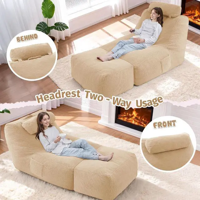 Alt view image 3 of 7 - Giant Bean Bag Lounger for Adults, Large Bean Bag Chair with Ottoman & Storage Pocket, Removable Cover Included, Memory Foam Filled Bean Bag Sofa for Living Room or Bedroom Khaki