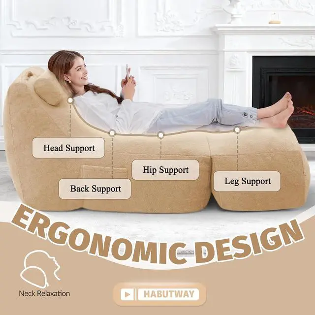 Alt view image 6 of 7 - Giant Bean Bag Lounger for Adults, Large Bean Bag Chair with Ottoman & Storage Pocket, Removable Cover Included, Memory Foam Filled Bean Bag Sofa for Living Room or Bedroom Khaki