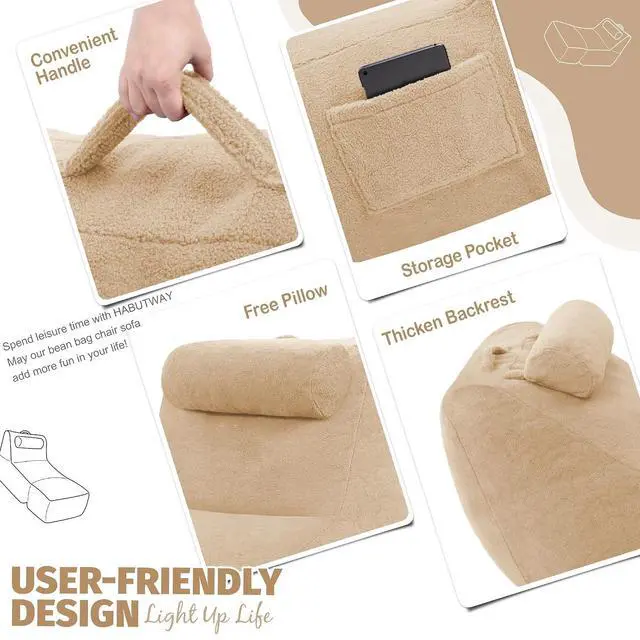 Alt view image 7 of 7 - Giant Bean Bag Lounger for Adults, Large Bean Bag Chair with Ottoman & Storage Pocket, Removable Cover Included, Memory Foam Filled Bean Bag Sofa for Living Room or Bedroom Khaki