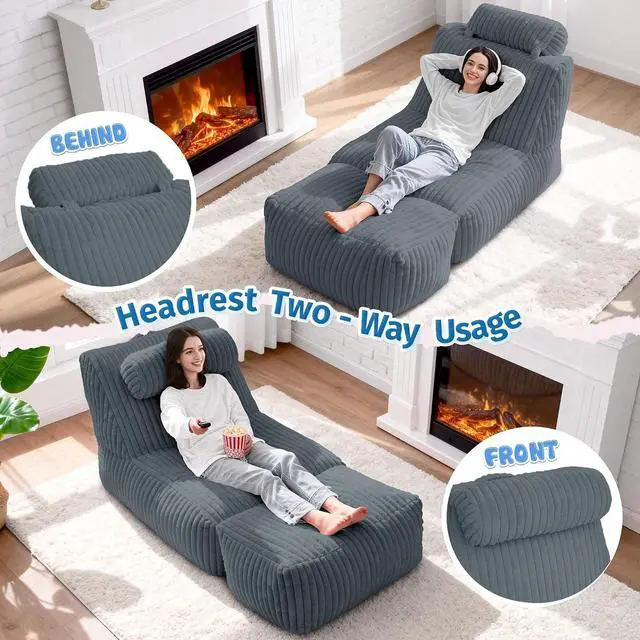 Alt view image 3 of 7 - Giant Bean Bag Chairs for Adults,Bean Bag Lounger with Removable Cover,Large BeanBag Chair with Ottoman&Storage Pocket,Memory Foam Filled Bean Bag Sofa for Living Room,Bedroom-Plush Darkgrey