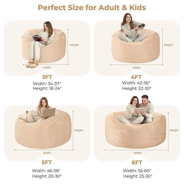 Alt view image 3 of 7 - Bean Bag Chair: Giant 6' Memory Foam Furniture Bean Bag Chair with Microfiber Cover - 6Ft,Khaki