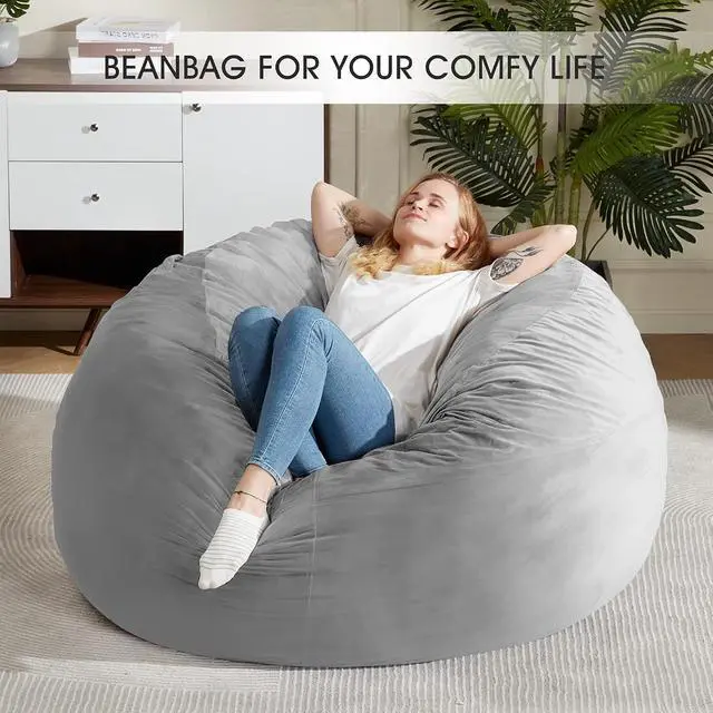 Alt view image 6 of 7 - Bean Bag Chair: Giant 5' Memory Foam Furniture Bean Bag Chairs for Adults with Microfiber Cover 5Ft (Light Grey)