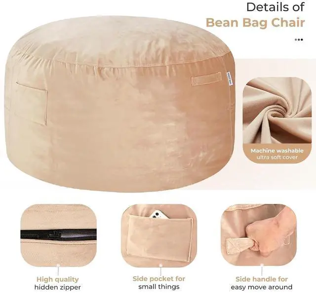Alt view image 4 of 7 - Bean Bag Chair: Giant 5' Memory Foam Furniture Bean Bag Chair with Microfiber Cover - 5Ft, Khaki