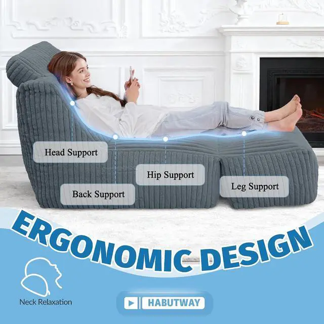 Alt view image 6 of 7 - Giant Bean Bag Chairs for Adults,Bean Bag Lounger with Removable Cover,Large BeanBag Chair with Ottoman&Storage Pocket,Memory Foam Filled Bean Bag Sofa for Living Room,Bedroom-Plush Darkgrey